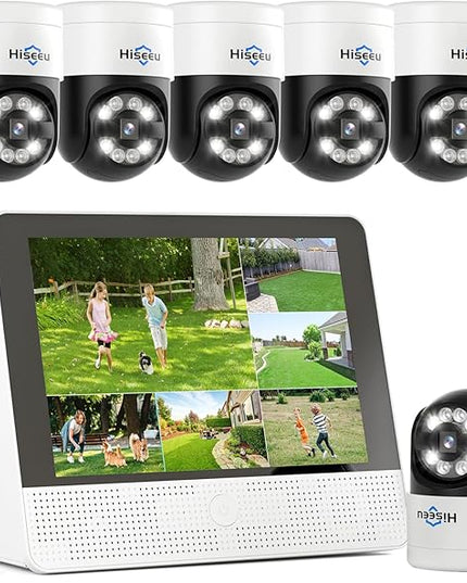 【12’’ Monitor + Human Tracking】 Hiseeu 4K PoE Security Camera System, 6Pcs 5MP PoE PTZ Security Cameras, All-in-One Monitor, 2-Way Audio, Remote Access, 8MP 16 Channel PoE NVR, Home CCTV Surveillance Hiseeu