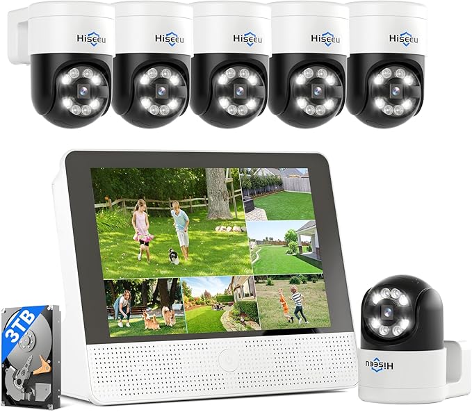 【12’’ Monitor + Human Tracking】 Hiseeu 4K PoE Security Camera System, 6Pcs 5MP PoE PTZ Security Cameras, All-in-One Monitor, 2-Way Audio, Remote Access, 8MP 16 Channel PoE NVR, Home CCTV Surveillance Hiseeu