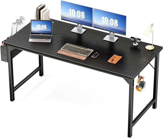 JHK Computer Desk Office 55 Inch Writing Work Kids Study Simple Wooden Table for Home Bedroom Modern Style with Headphone Hooks & Storage Bag, Black - LeafyLoom