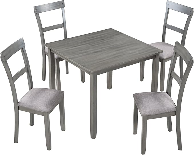 5 Piece Set Industrial Wooden Kitchen Table and 4 Chairs for Dining Room, Grey, Gray - LeafyLoom