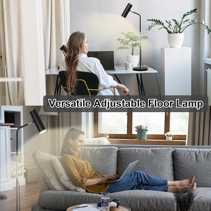 Floor Lamp, Industrial Floor Lamps for Living Rooms & Bedrooms - Rustic Farmhouse Reading Lamp Standing, Adjustable Metal Heads Indoor Task Lighting for Living Room Office Home Décor (Black-D01) - LeafyLoom