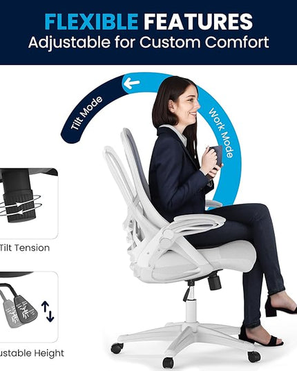 Flash Furniture Porter High-Back Swivel Office Chair with Adjustable Lumbar Support and Seat Height, Ergonomic Mesh Desk Chair with Flip-Up Armrests, White - LeafyLoom