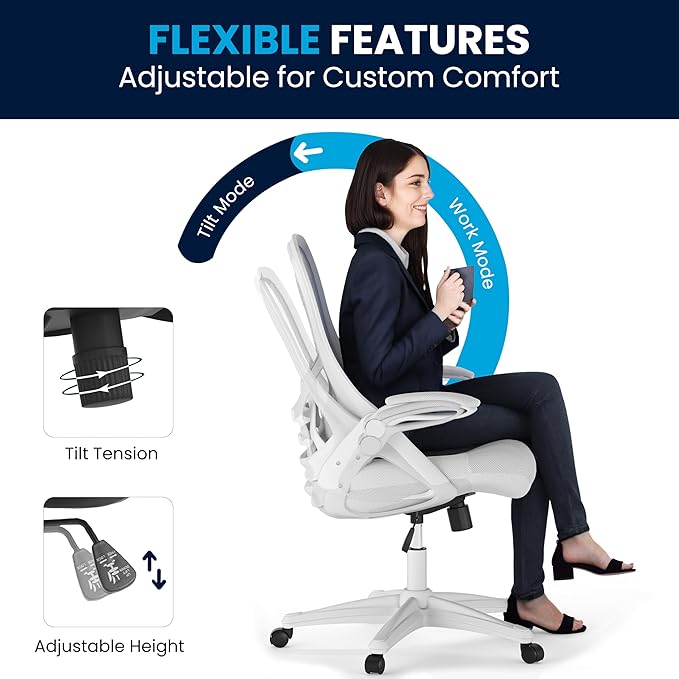 Flash Furniture Porter High-Back Swivel Office Chair with Adjustable Lumbar Support and Seat Height, Ergonomic Mesh Desk Chair with Flip-Up Armrests, White - LeafyLoom