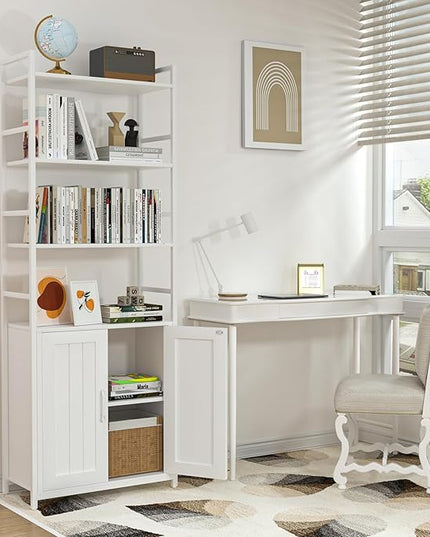 White Bookshelf with Doors,70" Tall Bookcase with Storage Cabinet,6 Tier Book Shelf for Living Room/Bedroom/Home Office/Kitchen,70"(H)*26"(L)*11.8"(W) - LeafyLoom