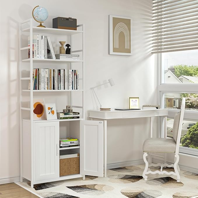 White Bookshelf with Doors,70" Tall Bookcase with Storage Cabinet,6 Tier Book Shelf for Living Room/Bedroom/Home Office/Kitchen,70"(H)*26"(L)*11.8"(W) - LeafyLoom