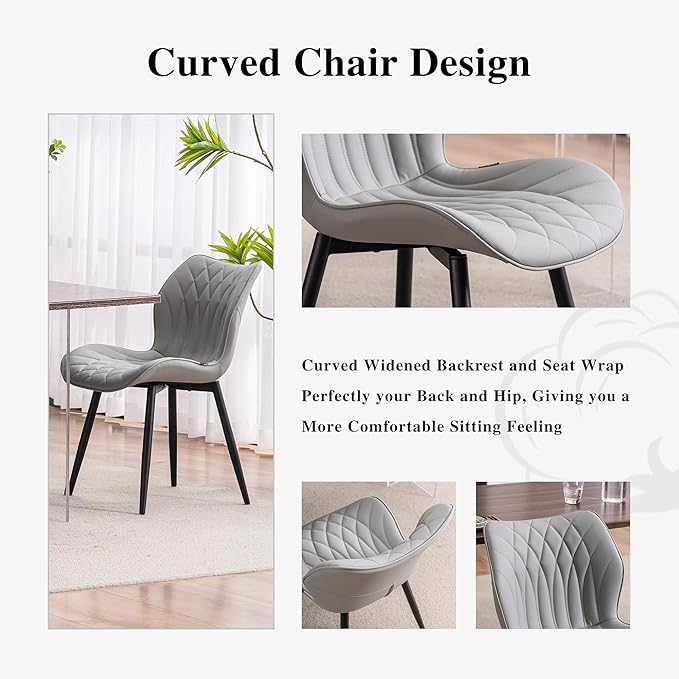 YOUNIKE Dining Chairs Set of 2, Upholstered Faux Leather Kitchen & Dining Room Chairs, Mid Century Modern Living Room Bedroom Side Chairs with Wide Wing Back and Adjustable Metal Legs, Grey - LeafyLoom