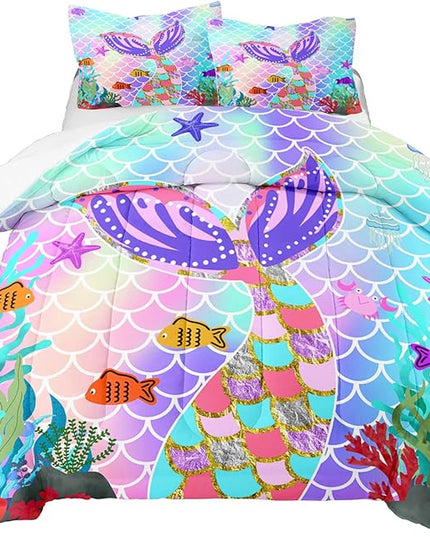Mermaid Full Size Bedding Set for Girls, Rainbow Mermaid Tail Fish Scales Comforter Set Full Size Bed in a Bag, Cute Mermaid Tail Pattern Decor for Girls Bedroom, 1 Comforter 2 Pillowcase - LeafyLoom