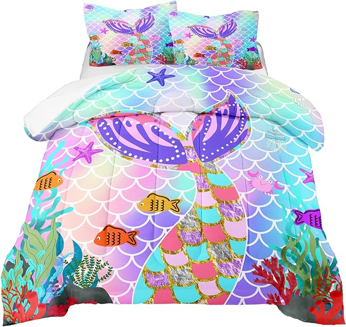 Mermaid Full Size Bedding Set for Girls, Rainbow Mermaid Tail Fish Scales Comforter Set Full Size Bed in a Bag, Cute Mermaid Tail Pattern Decor for Girls Bedroom, 1 Comforter 2 Pillowcase - LeafyLoom