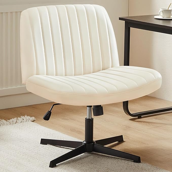 Sweetcrispy Criss Cross Chair Legged, Armless Office Desk Chair No Wheels, Swivel Vanity Chair, Height Adjustable Wide Seat Computer Task Chair, Fabric Vanity Modern Home Chair Cream - LeafyLoom