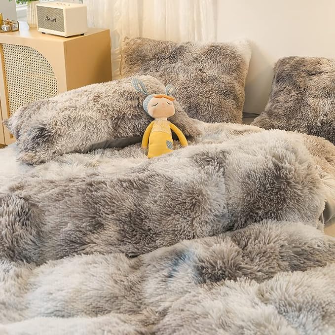 Faux Fur Kids Girls TD Black Comforter Sets Twin/Full - 3PC Bed Set Warm Comfortable Soft Plush Flannel Velvet Fluffy Fuzzy Bedding（Comforter x 1 Pillowcases x 2） - LeafyLoom