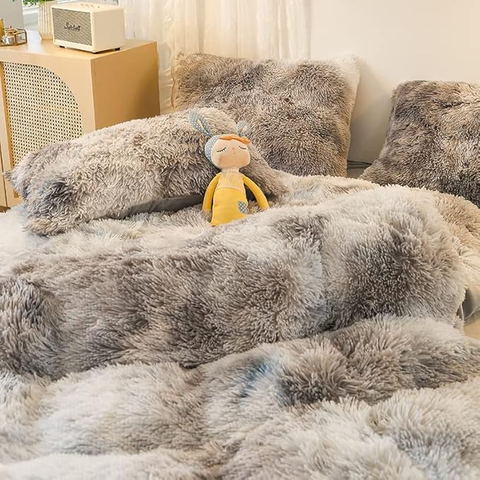 Faux Fur Kids Girls TD Black Comforter Sets Queen - 3PC Bed Set Warm Comfortable Soft Plush Flannel Velvet Fluffy Fuzzy Bedding（Comforter x 1 Pillowcases x 2） - LeafyLoom