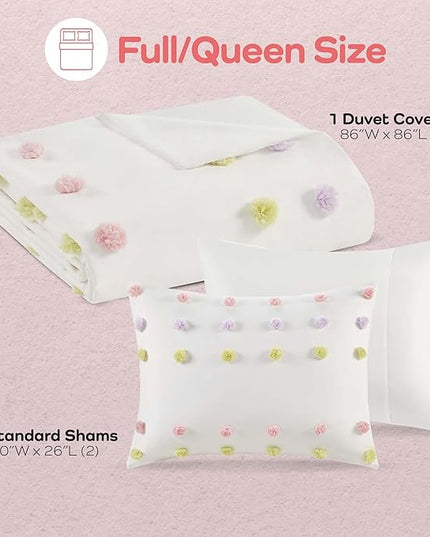 Mi Zone Kids Queen Duvet Cover Set, Fun and Adorable Multi-Color Clipped Jacquard Pompom Bedding, All Seasons Soft Microfiber Cozy & Breathable Duvet Cover, Sham, Cora, Full/Queen Pink Multi 3 Piece - LeafyLoom