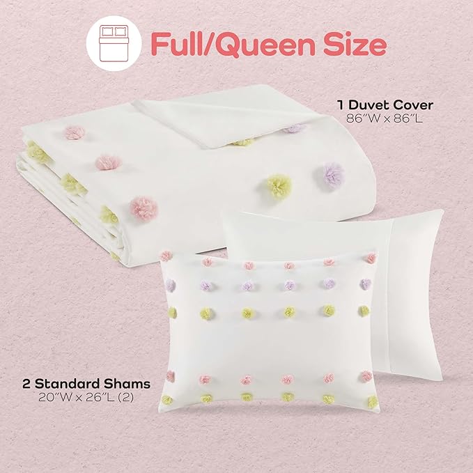 Mi Zone Kids Queen Duvet Cover Set, Fun and Adorable Multi-Color Clipped Jacquard Pompom Bedding, All Seasons Soft Microfiber Cozy & Breathable Duvet Cover, Sham, Cora, Full/Queen Pink Multi 3 Piece - LeafyLoom