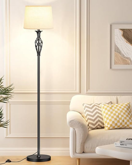 Vintage Floor Lamp with Linen Shade - 3 Color Temperature, Black, LED Bulbs, Foot Pedal Switch, Easy Assembly - LeafyLoom