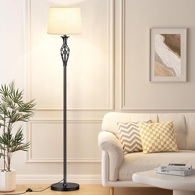 Vintage Floor Lamp with Linen Shade - 3 Color Temperature, Black, LED Bulbs, Foot Pedal Switch, Easy Assembly - LeafyLoom