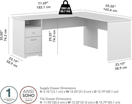 Bush Furniture L Shaped Desk with Drawers for Executive and Home Office | Cabot Collection Corner Table with Storage and Chrome Hardware Return, 72W, White - LeafyLoom