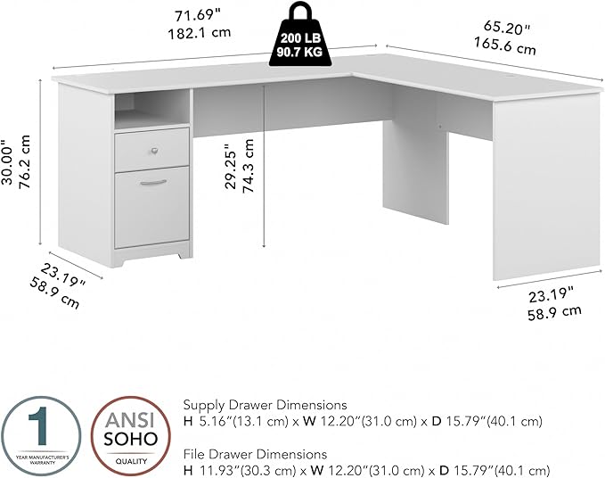 Bush Furniture L Shaped Desk with Drawers for Executive and Home Office | Cabot Collection Corner Table with Storage and Chrome Hardware Return, 72W, White - LeafyLoom