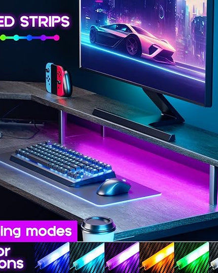 ODK L Shaped Gaming Desk with LED Lights & Power Outlets, 51" Computer Desk with Full Monitor Stand, Corner Desk with Cup Holder, Gaming Table with Hooks, Grey Oak - LeafyLoom