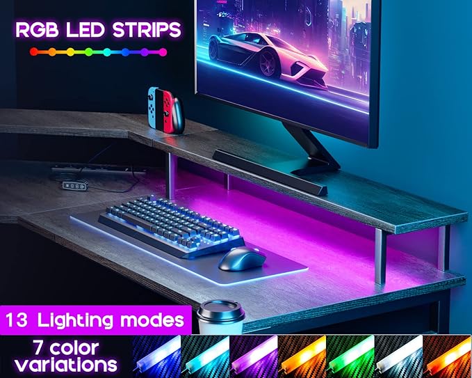 ODK L Shaped Gaming Desk with LED Lights & Power Outlets, 51" Computer Desk with Full Monitor Stand, Corner Desk with Cup Holder, Gaming Table with Hooks, Grey Oak - LeafyLoom