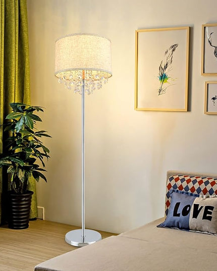 DINGLILIGHTING DLLT Crystal Floor Lamp for Living Room Modern Standing Lamp for Bedroom, Chrome Finish 64” Tall Pole LED Floor Lamp, 9W Bulb Included, Fabric Shade, Silver - LeafyLoom
