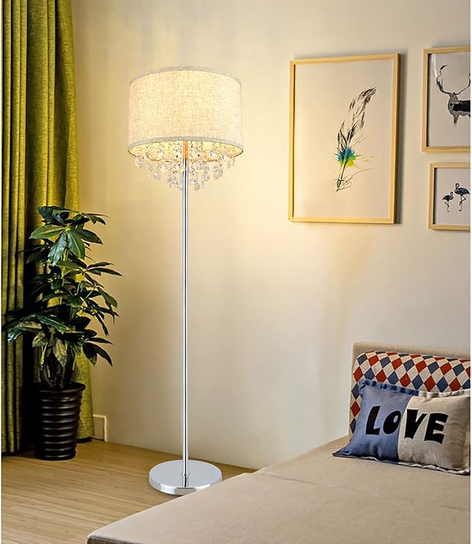 DINGLILIGHTING DLLT Crystal Floor Lamp for Living Room Modern Standing Lamp for Bedroom, Chrome Finish 64” Tall Pole LED Floor Lamp, 9W Bulb Included, Fabric Shade, Silver - LeafyLoom