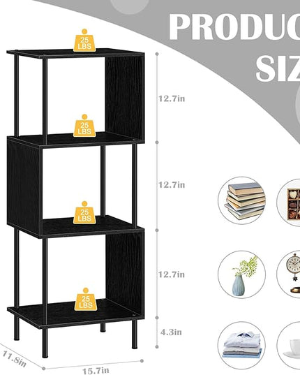 smusei 4 Tier Bookshelf for Small Spaces Narrow Black Bookcase Organizer S-Shaped Wood Corner Bookshelves for Bedroom, Study Room, Living Room and Home Office - LeafyLoom
