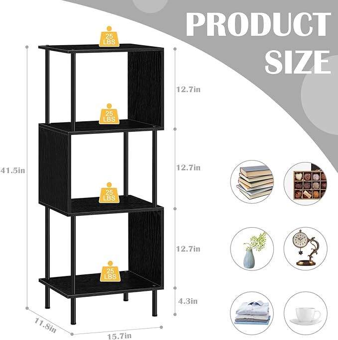 smusei 4 Tier Bookshelf for Small Spaces Narrow Black Bookcase Organizer S-Shaped Wood Corner Bookshelves for Bedroom, Study Room, Living Room and Home Office - LeafyLoom
