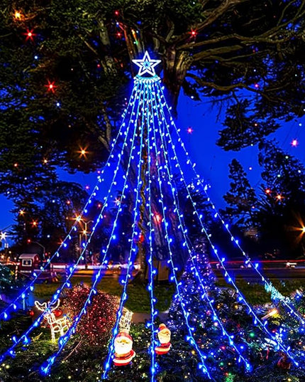 Aokudoni Christmas Lights Outdoor, 12.6FT 350 LED Blue Waterfall Lights Christmas Decorations, 8 Modes Christmas Lights for Tree, Outside Christmas Decorations for Yard Garden Patio Wall Porch Aokudoni