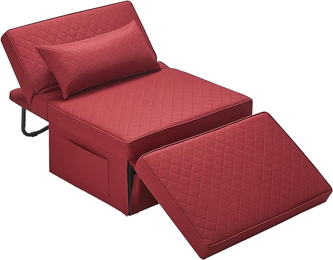 Sofa Bed, 4 in 1 Multi-Function Folding Ottoman Breathable Linen Couch Bed with Adjustable Backrest Modern Convertible Chair for Living Room Apartment Office,Squared-Linen Red - LeafyLoom