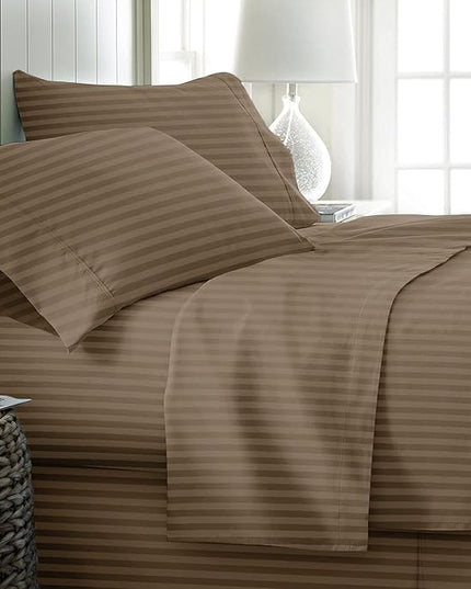 THREAD SPREAD Luxury Egyptian Cotton California King Stripe Sheet Set, 600 Thread Count Extra Long Staple 4 PC Set, Cal King Stripe Sheets, Soft, Cooling Striped Sheets Upto 18" Deep Pocket - Taupe - LeafyLoom