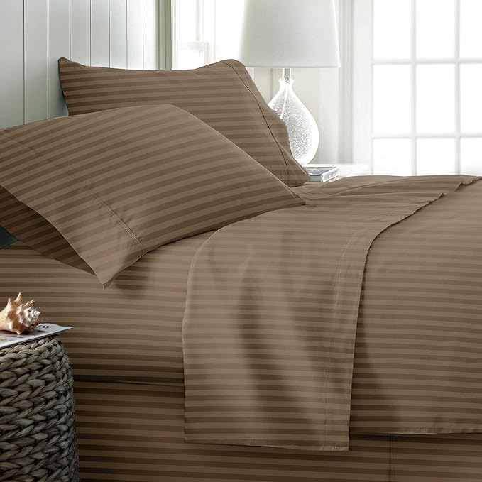 THREAD SPREAD Luxury Egyptian Cotton California King Stripe Sheet Set, 600 Thread Count Extra Long Staple 4 PC Set, Cal King Stripe Sheets, Soft, Cooling Striped Sheets Upto 18" Deep Pocket - Taupe - LeafyLoom