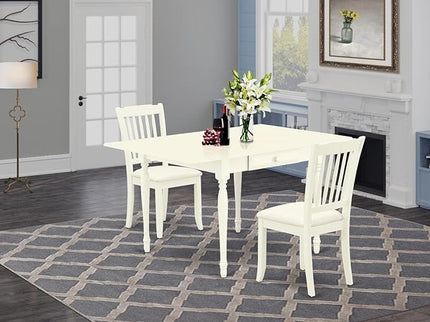 East West Furniture MZDA3-LWH-C Monza 3 Piece Room Set Contains a Rectangle Kitchen Table with Dropleaf and 2 Linen Fabric Upholstered Dining Chairs, 36x54 Inch - LeafyLoom