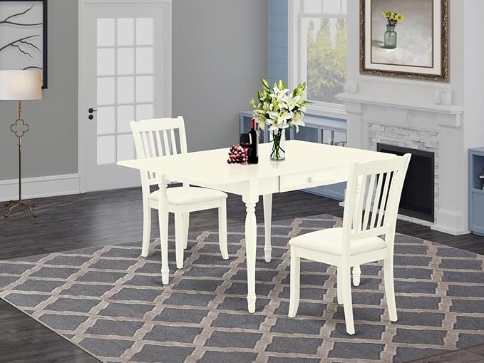 East West Furniture MZDA3-LWH-C Monza 3 Piece Room Set Contains a Rectangle Kitchen Table with Dropleaf and 2 Linen Fabric Upholstered Dining Chairs, 36x54 Inch - LeafyLoom