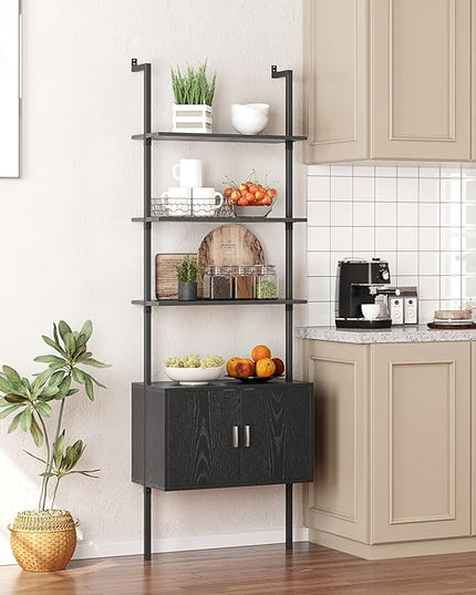 Gadroad Ladder Bookshef with Cabinet, Wall Mounted Bookcases, 5 Tier Tall Open Display Rack, 73" Metal Industrial Bookshelf, Storage Shelves for Livingroom, Home Office, Black - LeafyLoom
