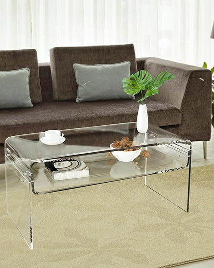Acrylic Coffee Table, 31.5" Clear Coffee Table with Storage Shelf, Rectangle Centre Table, Modern Coffee Table for Living Room, Office，31.5" L x 15.8" W x 15" H - LeafyLoom