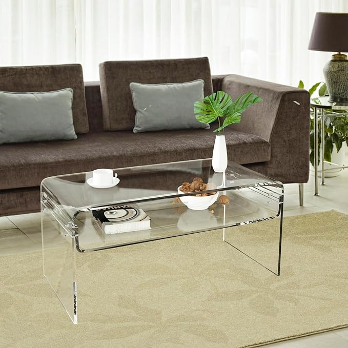 Acrylic Coffee Table, 31.5" Clear Coffee Table with Storage Shelf, Rectangle Centre Table, Modern Coffee Table for Living Room, Office，31.5" L x 15.8" W x 15" H - LeafyLoom