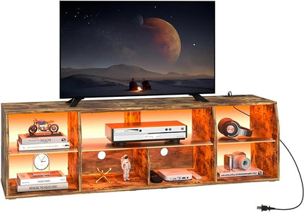 VECELO LED TV Stands Power Outlets, Entertainment Center with Glass Shelves, 7 Open Storage, Modern Television Cabinet for Living Room Bedroom, Light Brown, 65inch - LeafyLoom