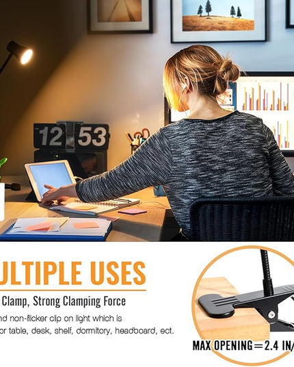 Clip Desk Lamp, USB Reading Light, Flexible Neck Led Clamp Light with 3 Color Temperature Options, 10 Dimmable Brightness Levels for Working, Studying (8W) - LeafyLoom