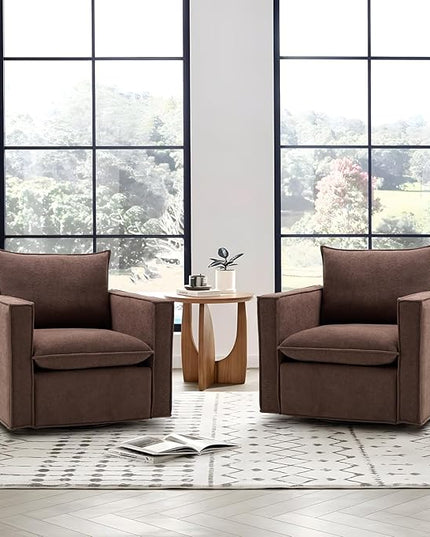 COLAMY Swivel Accent Chair Set of 2, 34inches Wide Upholstered Arm Chair with Plump Back Pillow, Modern Sofa Living Room Chair for Bedroom, Corner, Reading Nook-Brown - LeafyLoom