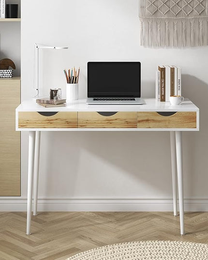 DlandHome Computer Desk with Drawers Mid Century Modern Desk 43 Inches Vanity Desk with 3-Drawers, Office Desk with Drawers Writing Desk Study Table Makeup Tables, Bedroom Dresser Table - LeafyLoom