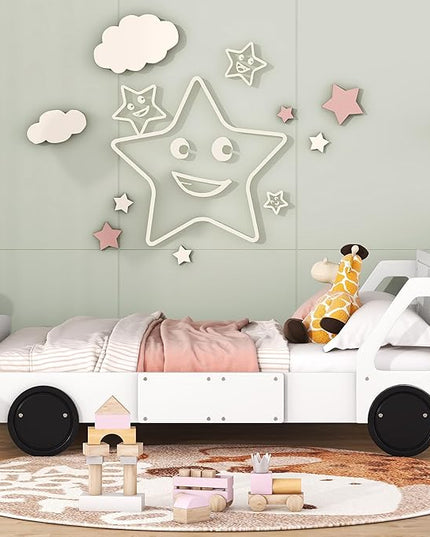 Full Size Car-Shaped Platform Bed with Wheels,Wood Bedframe W/Rails on Both Sides & Slat Support,No Box Spring Needed,Fun Play for Boys Kids Toddlers Child's Bedroom,White - LeafyLoom