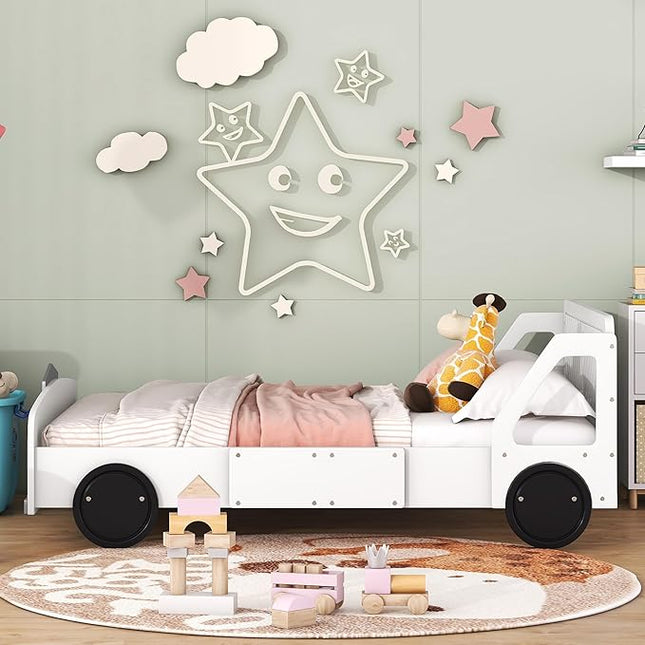 Full Size Car-Shaped Platform Bed with Wheels,Wood Bedframe W/Rails on Both Sides & Slat Support,No Box Spring Needed,Fun Play for Boys Kids Toddlers Child's Bedroom,White - LeafyLoom