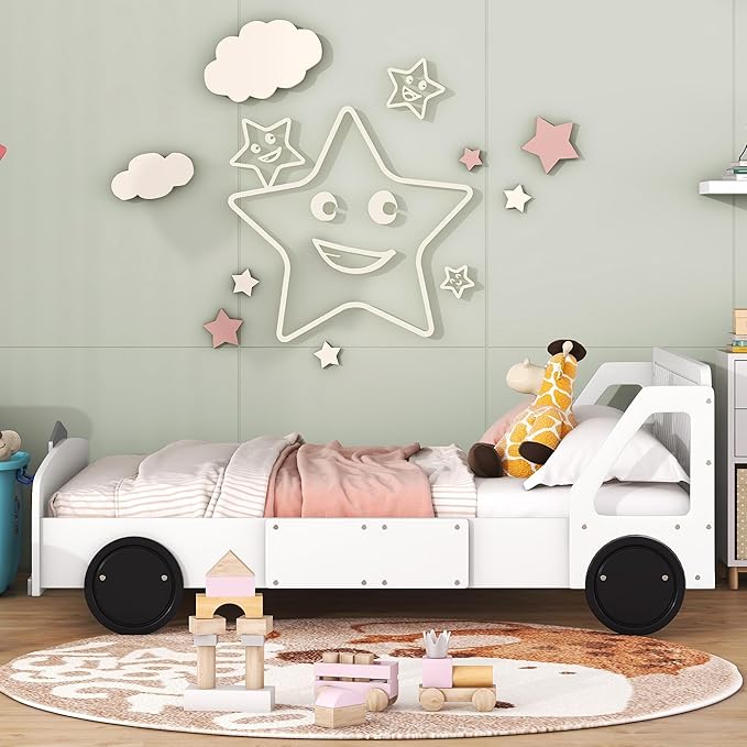 Full Size Car-Shaped Platform Bed with Wheels,Wood Bedframe W/Rails on Both Sides & Slat Support,No Box Spring Needed,Fun Play for Boys Kids Toddlers Child's Bedroom,White - LeafyLoom