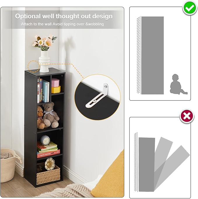 VECELO Small Bookshelf, 5 Cube Slim Bookcase, Fits Tallest Hardcovers, Horizontal Available, Modern Floor Standing Unit, Each Shelf Hold Up to 66 LBS, Matte Black - LeafyLoom
