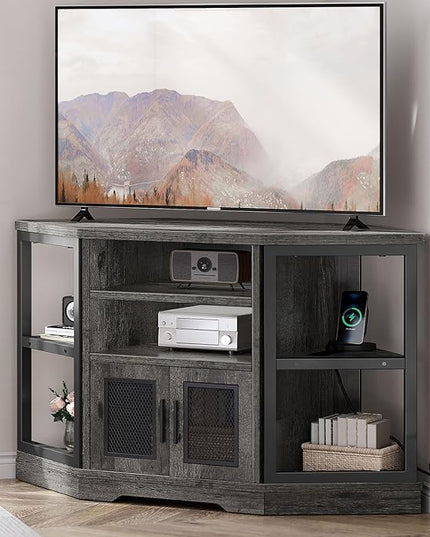 YITAHOME Corner TV Stand for TVs up to 55 Inch with Power Outlet, Modern Farmhouse Entertainment Center, Wood TV Media Console with Storage Cabinets Shelves for Living Room Bedroom, Gray Oak - LeafyLoom