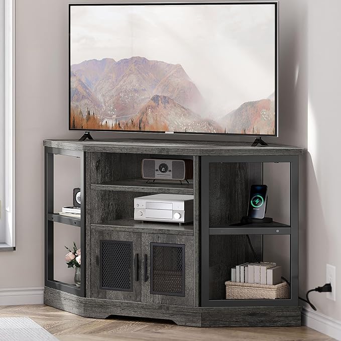 YITAHOME Corner TV Stand for TVs up to 55 Inch with Power Outlet, Modern Farmhouse Entertainment Center, Wood TV Media Console with Storage Cabinets Shelves for Living Room Bedroom, Gray Oak - LeafyLoom