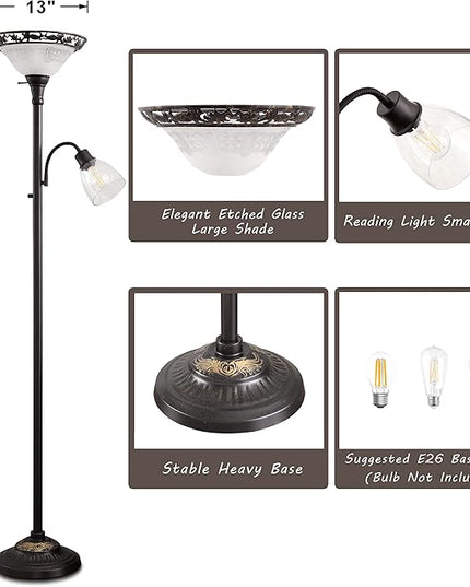 Victorian Floor Lamp, 70" Elegant Standing Lamp with Etched Glass Shade, Metal Body & Heavy Base, Vintage Tall Corner Lamp Decor for bedroom, Living Room, Den, Office. No Bulbs (2 Head) - LeafyLoom