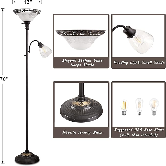Victorian Floor Lamp, 70" Elegant Standing Lamp with Etched Glass Shade, Metal Body & Heavy Base, Vintage Tall Corner Lamp Decor for bedroom, Living Room, Den, Office. No Bulbs (2 Head) - LeafyLoom
