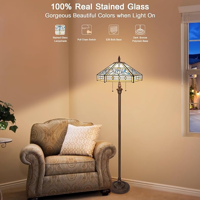 Capulina Tiffany Floor Lamp 2-Light 16X16X63 Inches Mission Hexagon Style Stained Glass Standing Reading Light for Living Room Bedroom Home Office - LeafyLoom