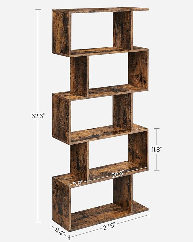 VASAGLE Bookcase, 5-Tier Bookshelf, Display Shelf and Room Divider, Freestanding Decorative Storage Shelving, Rustic Brown ULBC62BX, 27.6”L x 9.4”W x 62.6”H (70 x 24 x 159 cm) - LeafyLoom